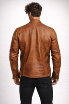 Cognac Croc-Embossed Sheep Leather Moto Jacket – Slim Fit | Crovane by Daaran