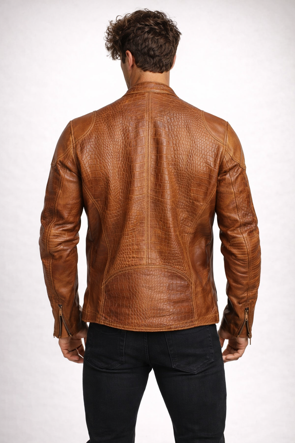 Cognac Croc-Embossed Sheep Leather Moto Jacket – Slim Fit | Crovane by Daaran