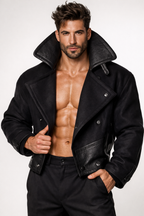 Black Wool & Leather Jacket for Men – NOX | Double Breasted Slim Fit Designer Winter Coat