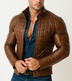 Luxe Grid Moto Urban Brown Leather Jacket