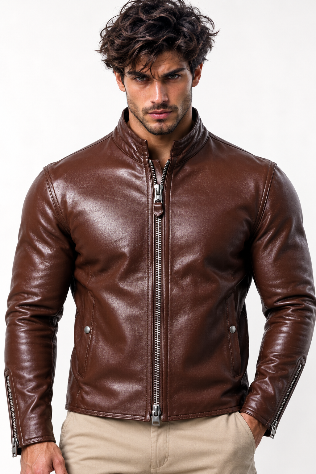 Dakota Luxe Brown Leather Biker Jacket