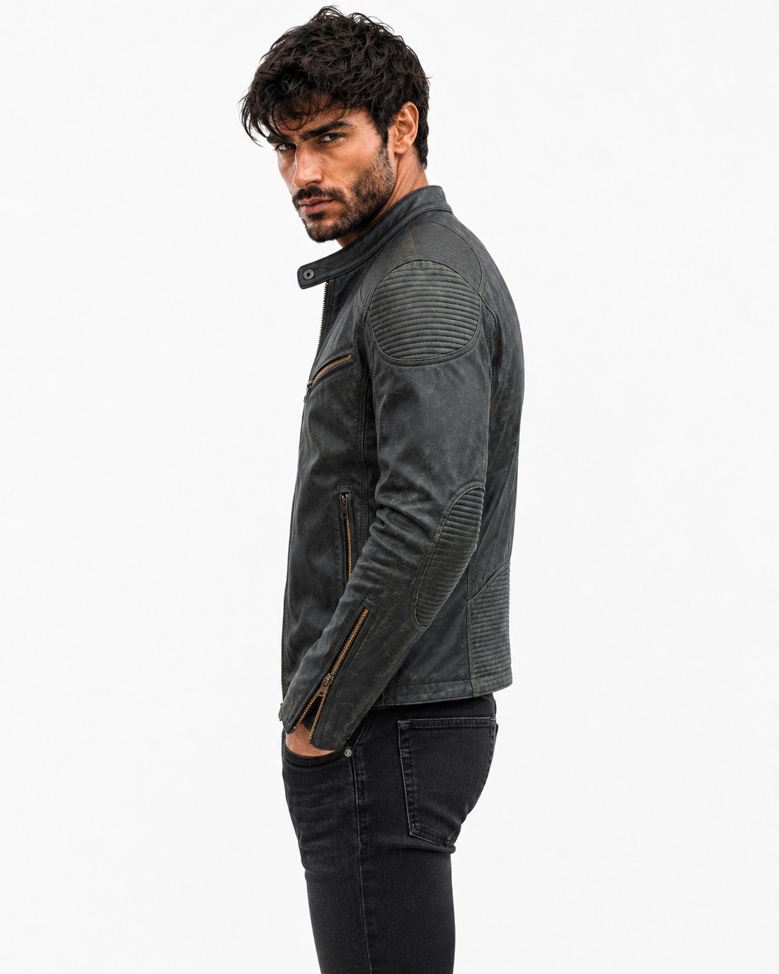 Distressed Green Sheep Leather Biker Jacket