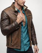 Rustborn Luxe Distressed Brown Leather Biker Jacket