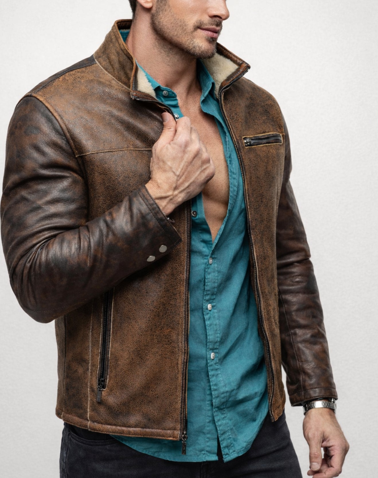 Rustborn Luxe Distressed Brown Leather Biker Jacket