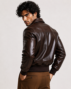 Cafe Maverick Brown Leather Bomber Jacket | Daaran – collar and zipper detail