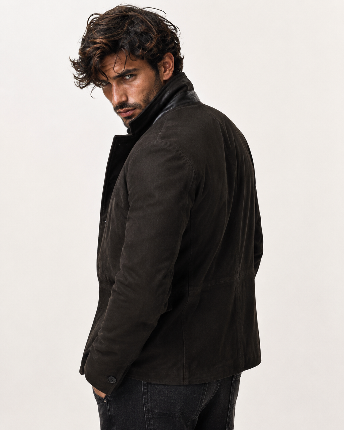 Black Suede Blazer Jacket – Daaran Savren – collar and zipper detail