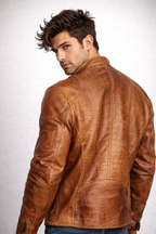 Cognac Croc-Embossed Sheep Leather Moto Jacket – Slim Fit | Crovane by Daaran