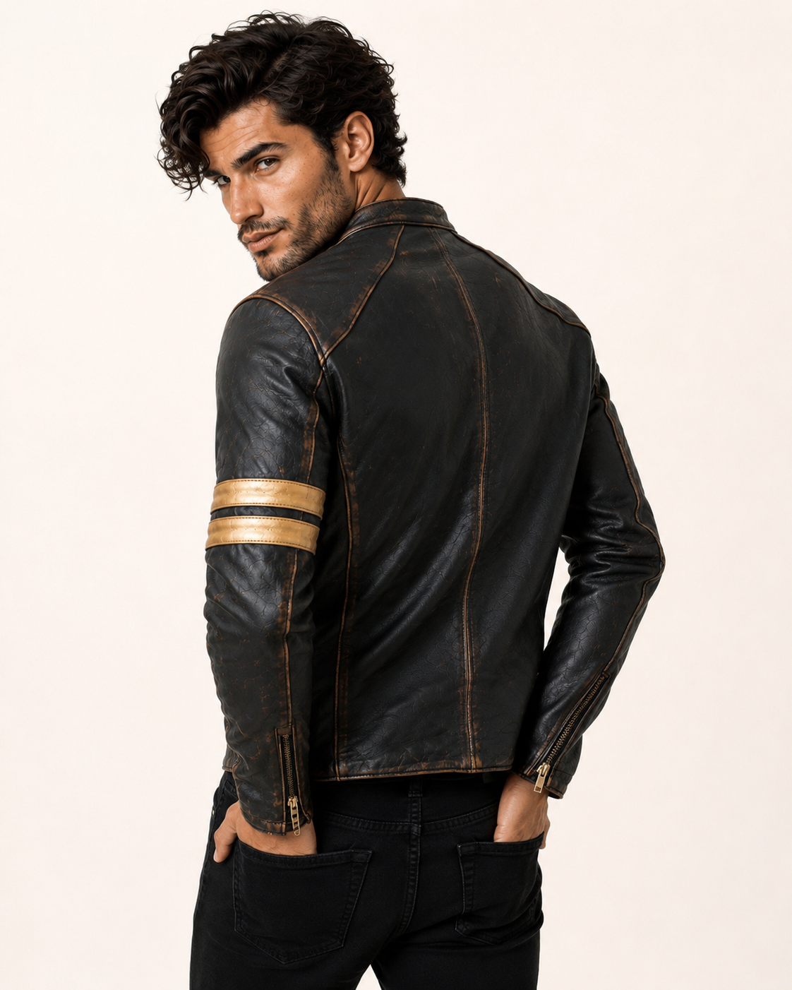 Golden Stripes Brown Leather Cafe Racer Jacket