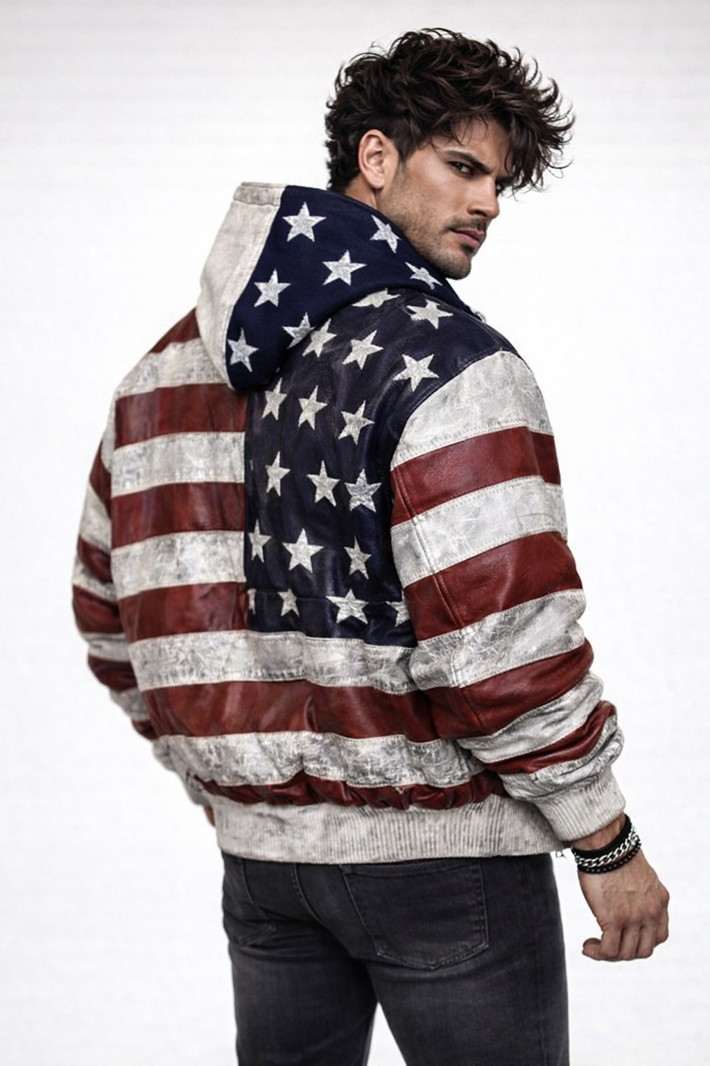 Men’s Distressed Sheep Leather Bomber Jacket – Vintage Flag | Daaran Keaton