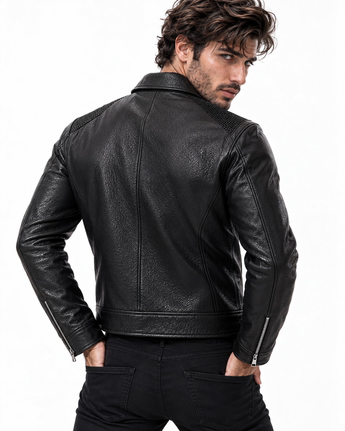 Black Cowhide Leather Bomber Jacket – Slim Fit Moto