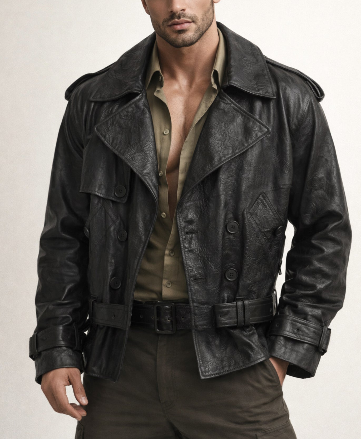 Vanta Black Cropped Leather Trench Jacket