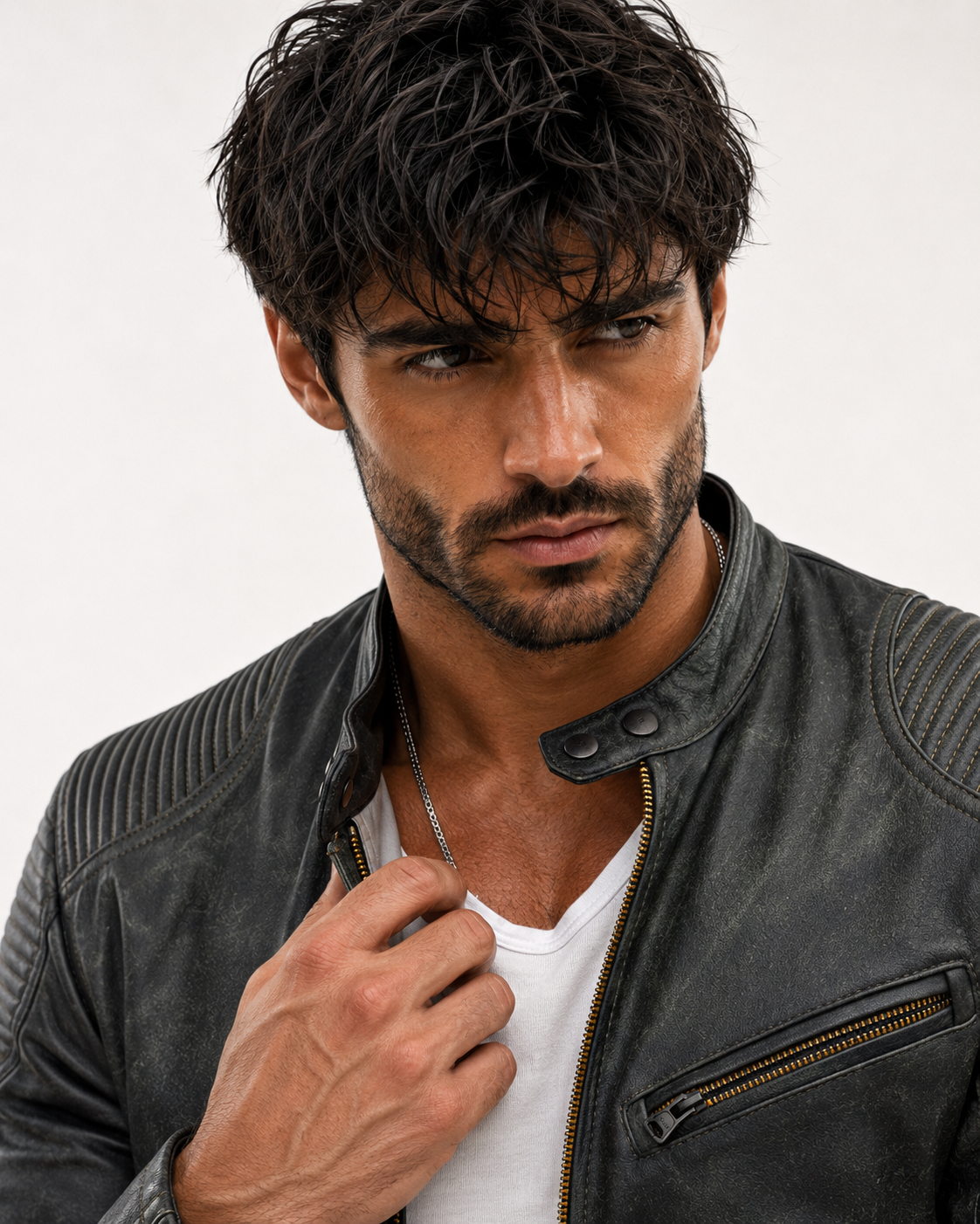 Distressed Green Sheep Leather Biker Jacket