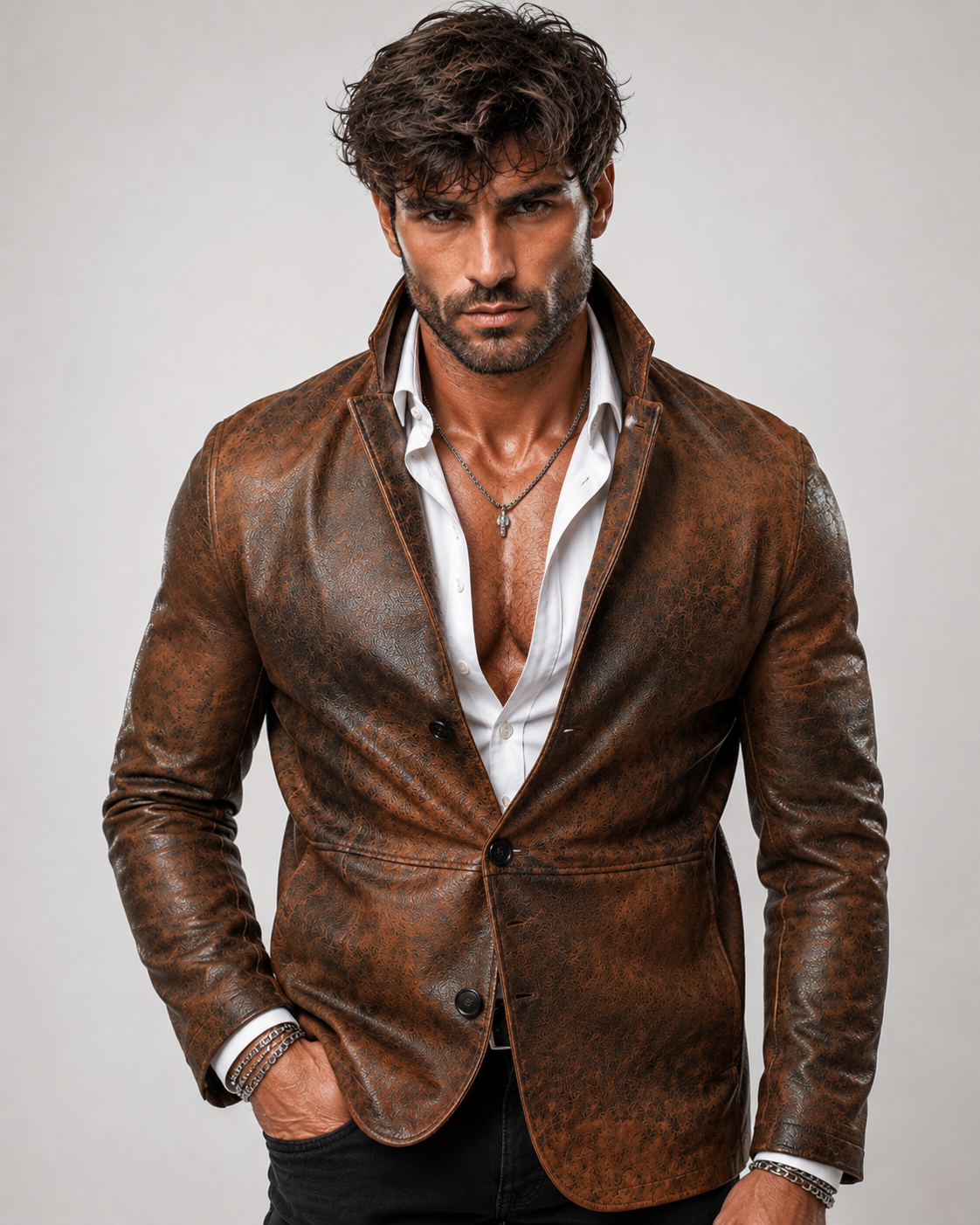 Korvane Brown Genuine Leather Blazer Jacket