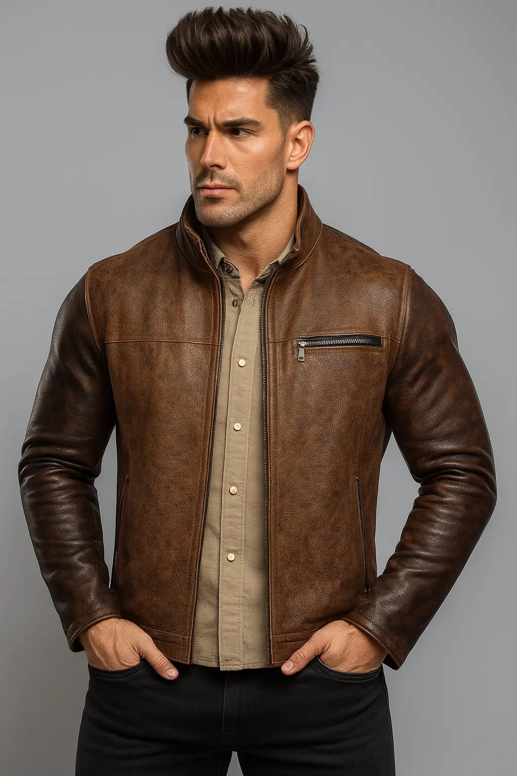 Rustborn Luxe Distressed Brown Leather Biker Jacket