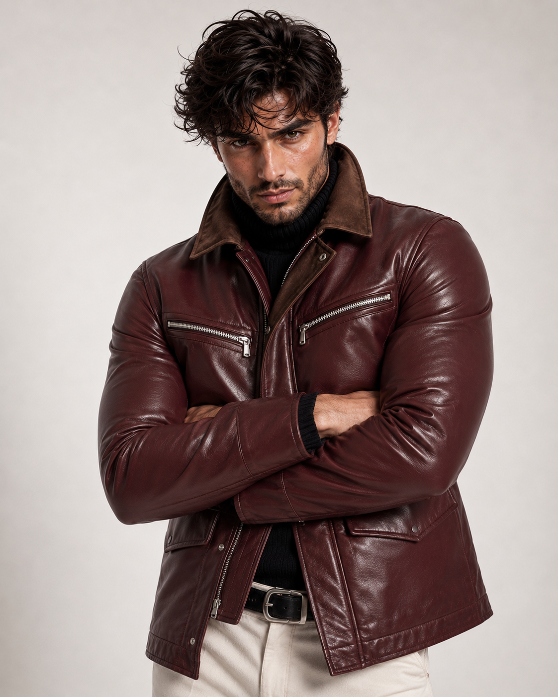 Oxblood Sheep Leather Bomber Jacket – Suede Collar