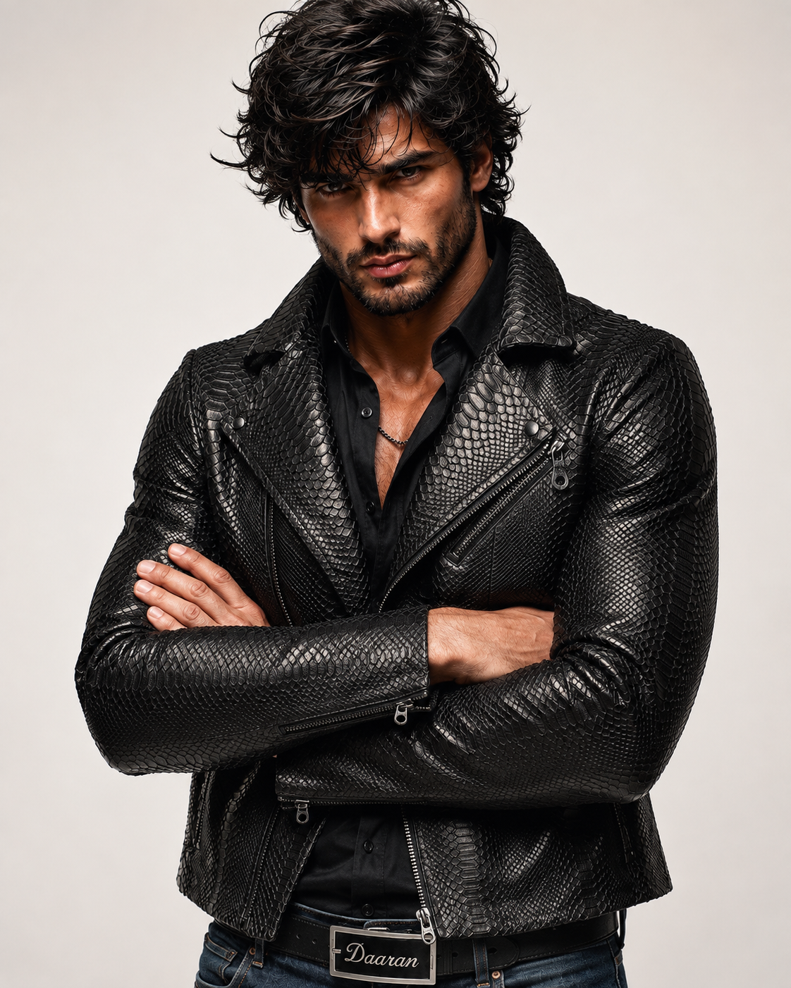 Noir Venom Black Leather Biker Jacket | Daaran – side profile view