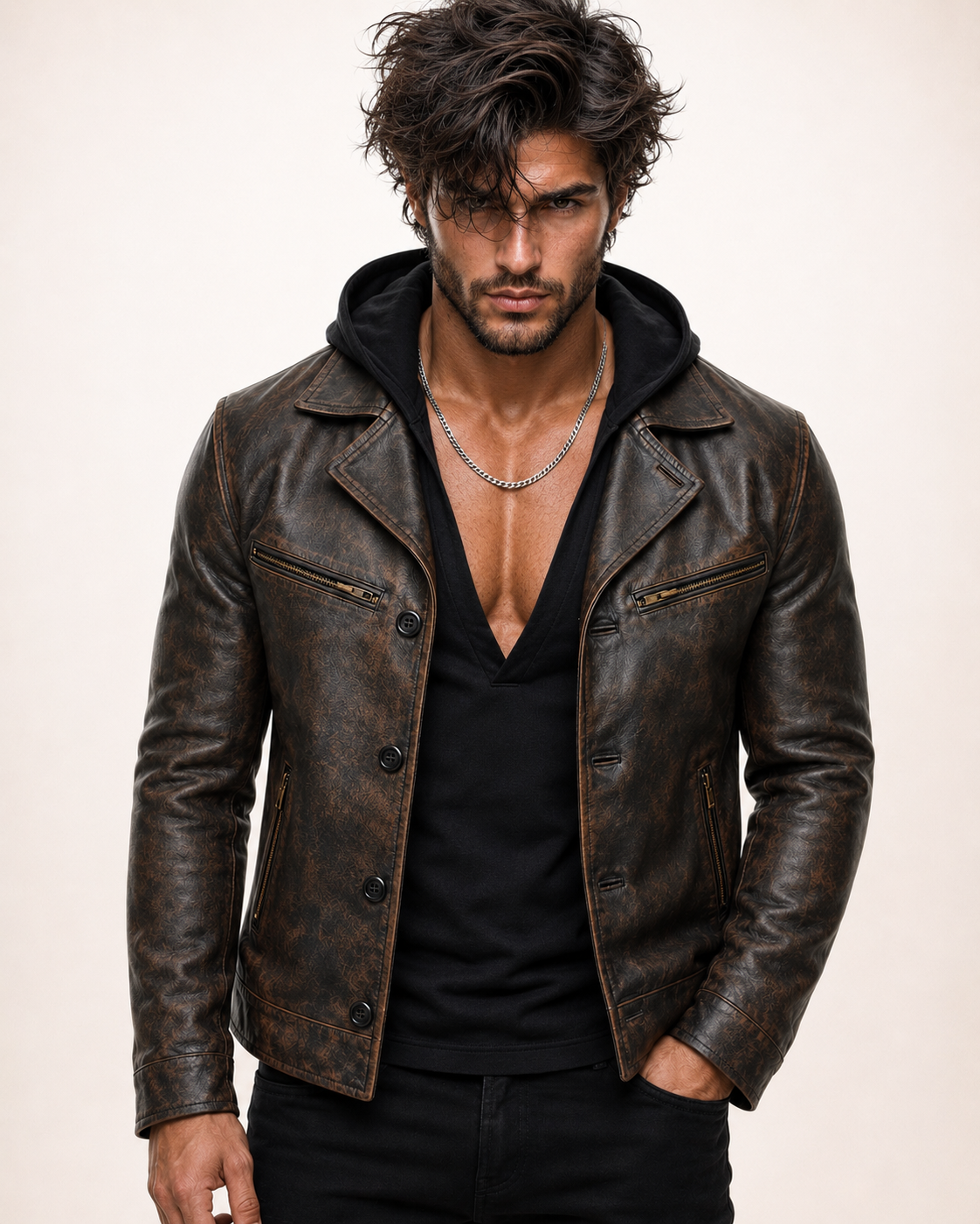 Distressed Cowhide Biker Jacket – Bronze-Black | Daaran – front view