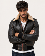 Distressed Brown Shearling Aviator Bomber Jacket