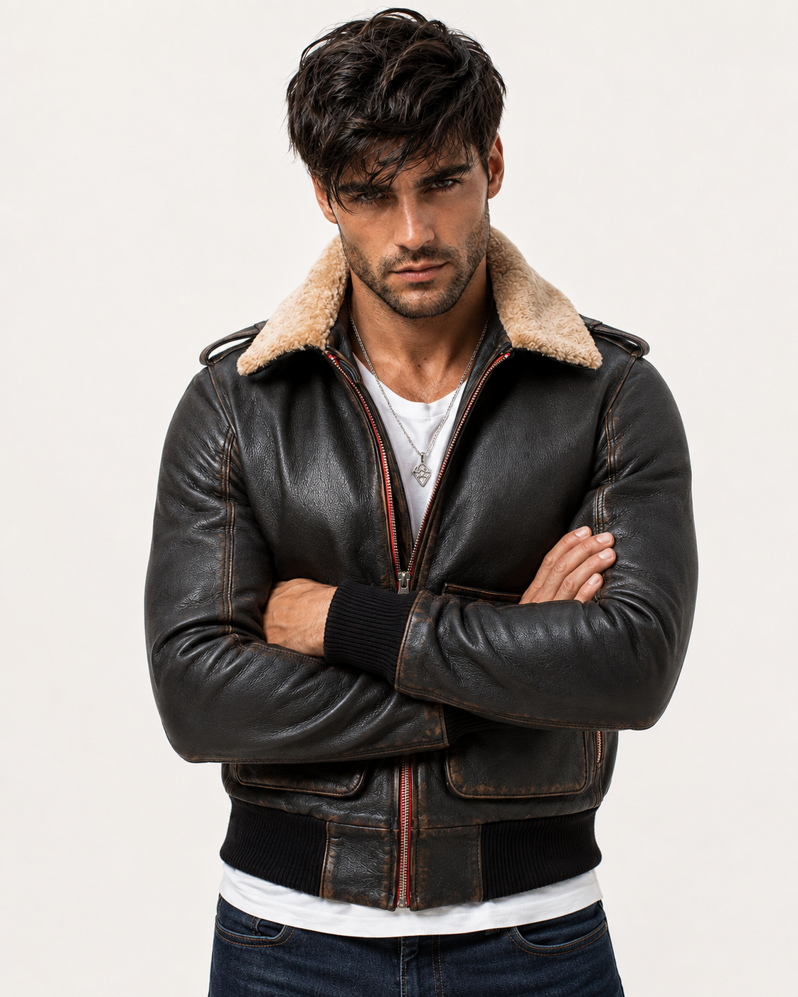 Distressed Brown Shearling Aviator Bomber Jacket