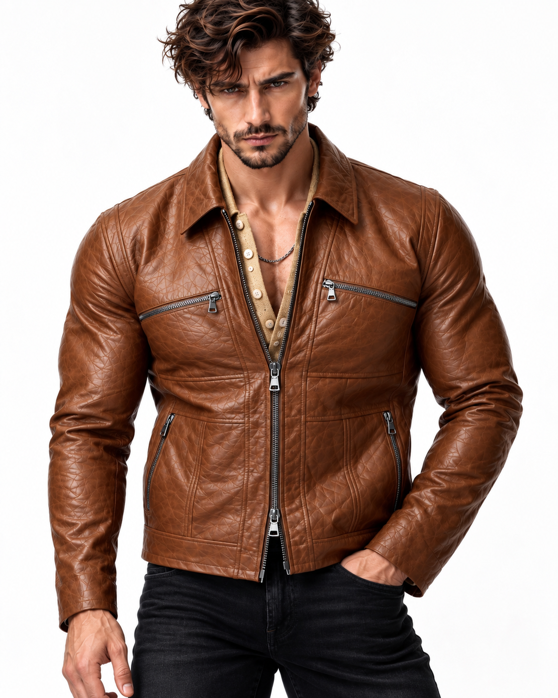Montaro Luxe Rider Brown Leather Trucker Jacket