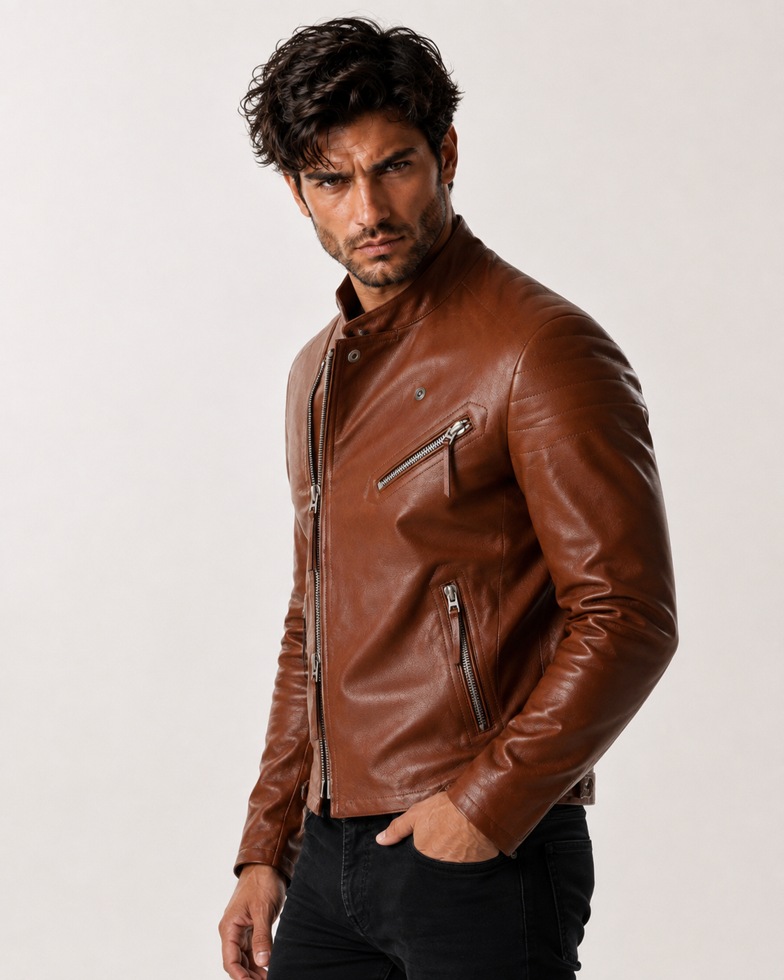 Copper Hawk Cognac Brown Leather Biker Jacket