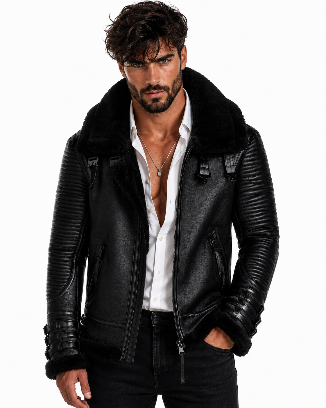 Shadow Sentinel Black Leather Aviator Jacket