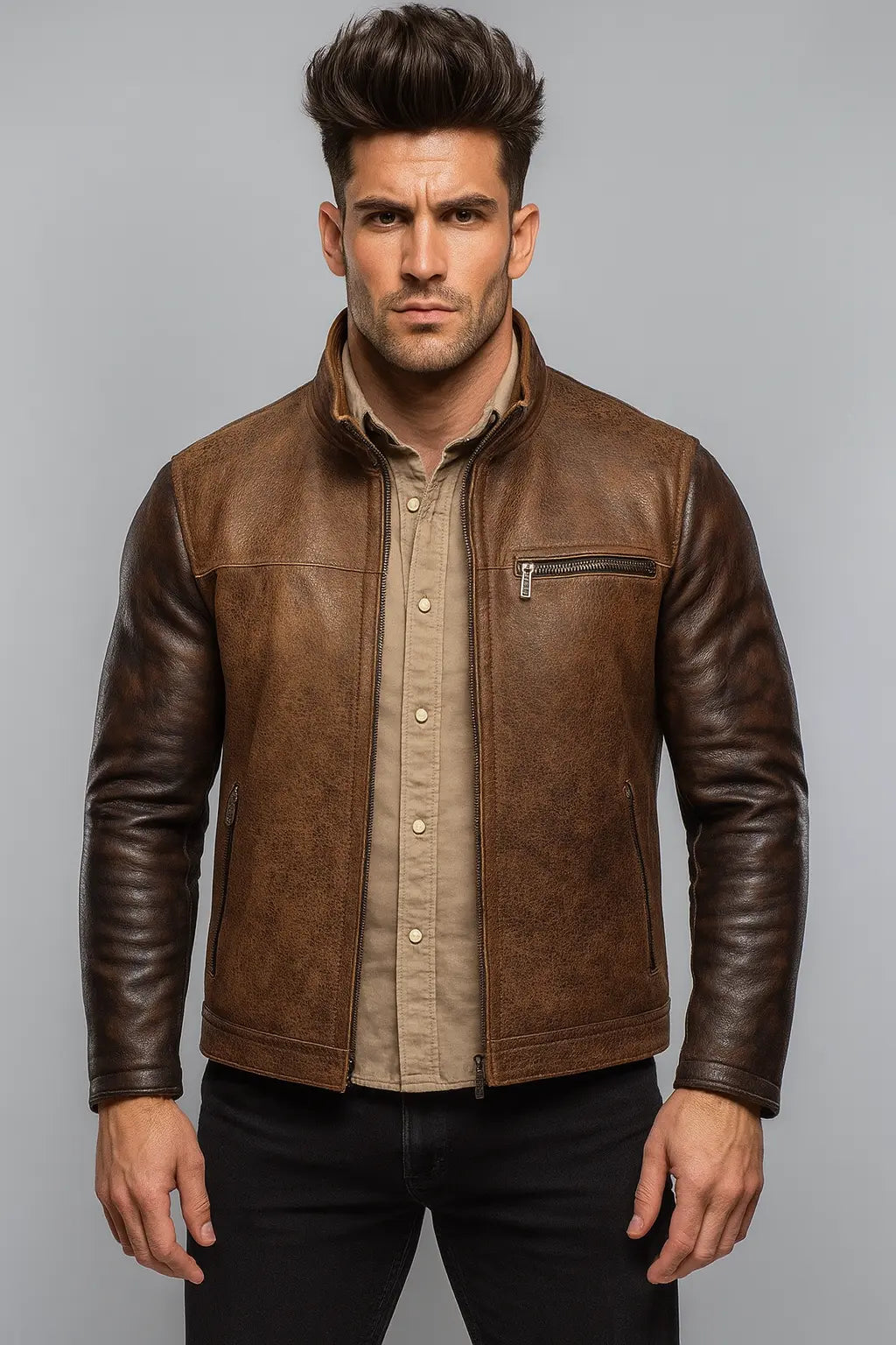 Rustborn Luxe Distressed Brown Leather Biker Jacket