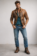 Men’s Cognac Brown Moto Leather Jacket – Distressed Sheep Leather Slim Fit | Torve by Daaran
