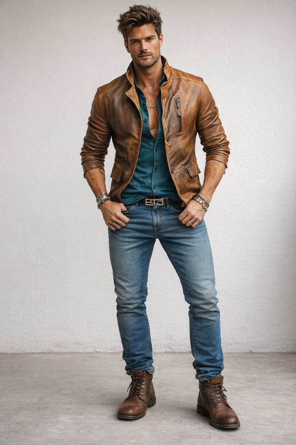 Men’s Cognac Brown Moto Leather Jacket – Distressed Sheep Leather Slim Fit | Torve by Daaran