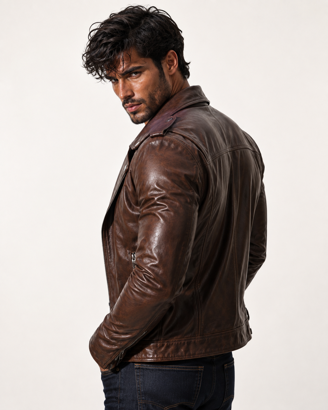 The VEYN Brown Sheepskin Moto Jacket | Daaran – collar and zipper detail