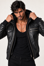 Black Sheep Leather Bomber Jacket – Detachable Hoodie | Daaran – close-up of leather texture and stitching