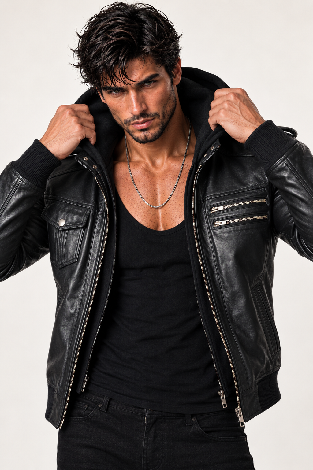 Black Sheep Leather Bomber Jacket – Detachable Hoodie | Daaran – close-up of leather texture and stitching