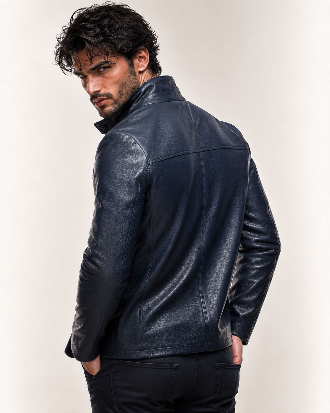 Daaran Vareno Navy Blue Leather Stand-Collar Jacket
