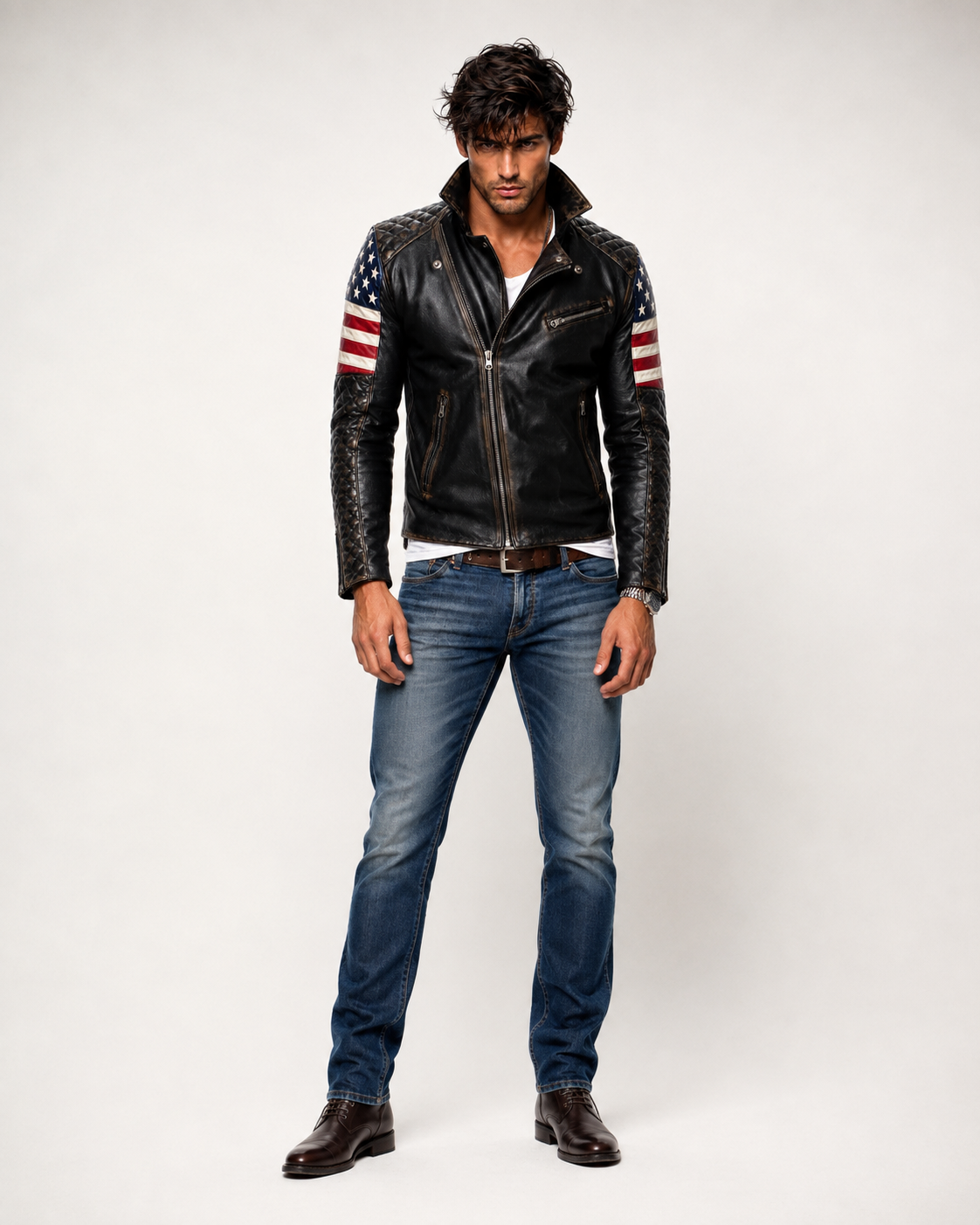 Distressed Charcoal Black Sheep Leather Moto Jacket | Daaran – styled, worn view