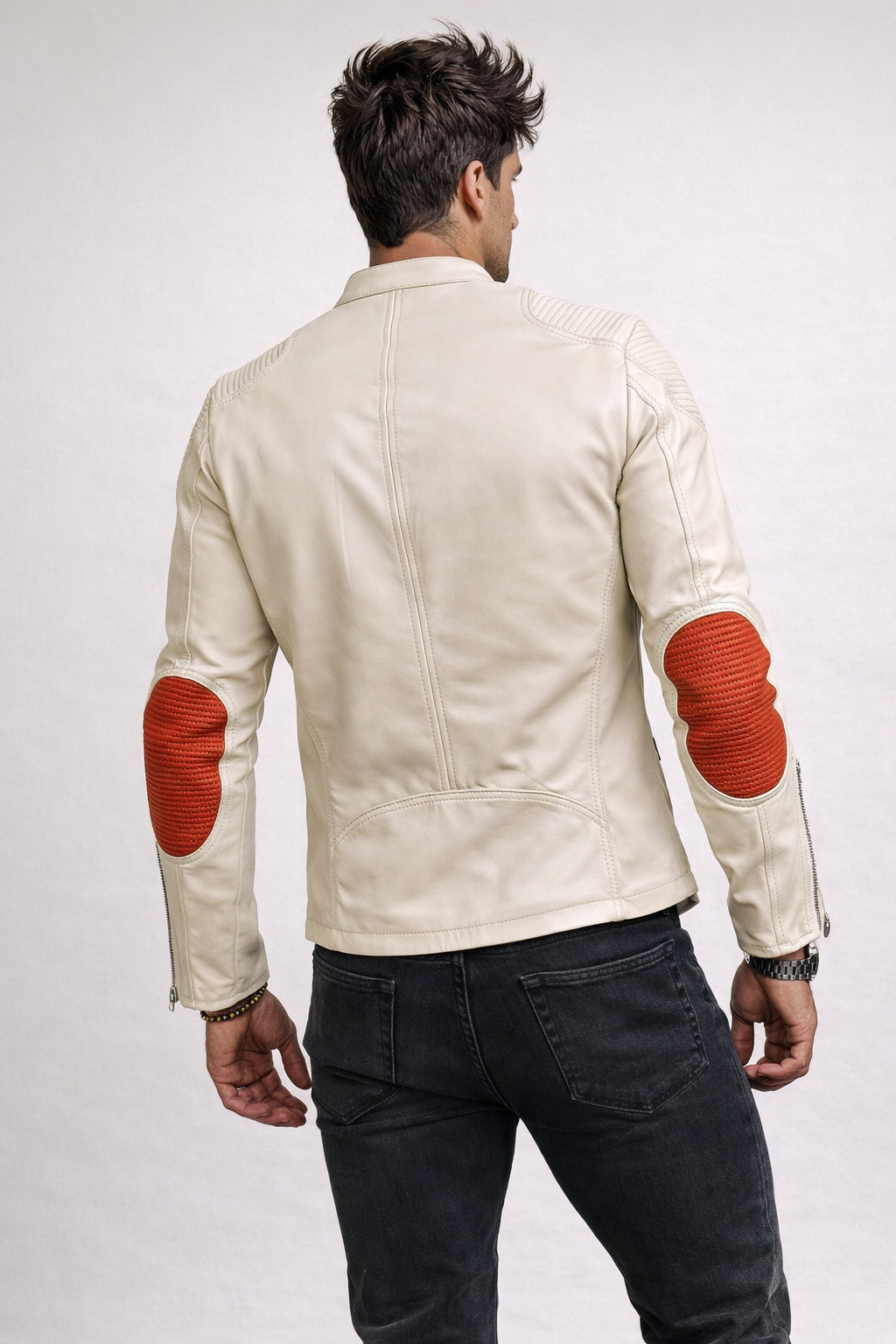 Ivory Moto Leather Jacket – Slim Fit Burnt Orange Panel Sheep Leather Biker | Aurelian by Daaran