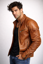 Cognac Croc-Embossed Sheep Leather Moto Jacket – Slim Fit | Crovane by Daaran