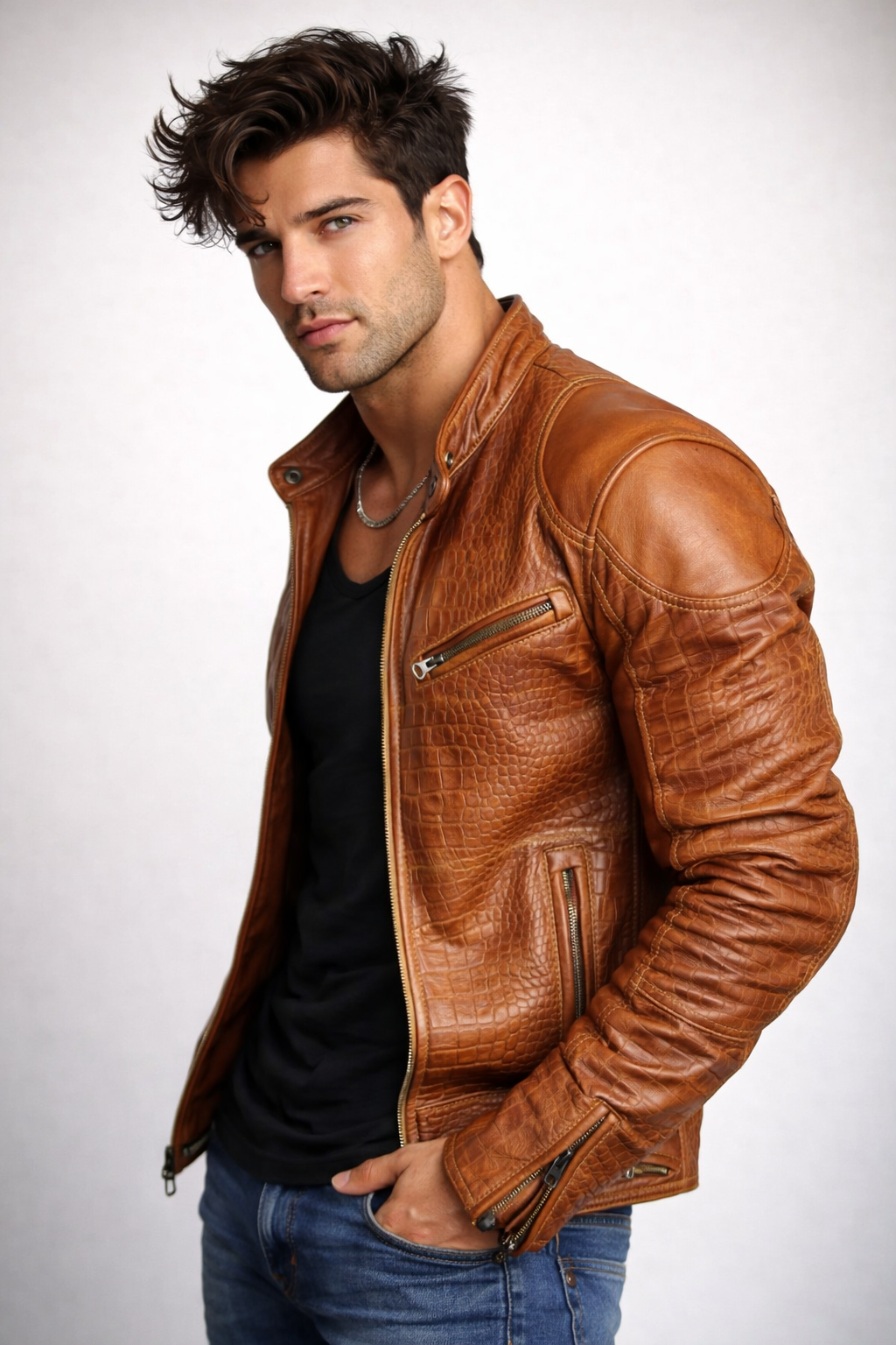 Cognac Croc-Embossed Sheep Leather Moto Jacket – Slim Fit | Crovane by Daaran