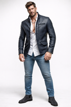 Vareno Navy Blue Leather Jacket – Slim Fit Stand Collar | Daaran