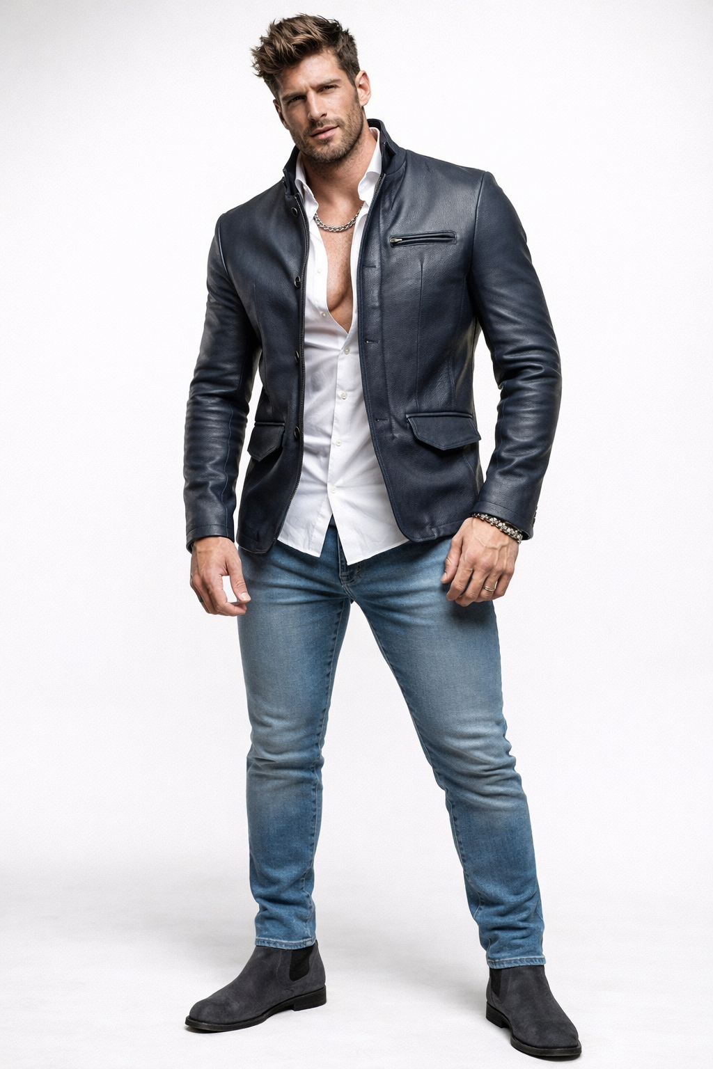 Vareno Navy Blue Leather Jacket – Slim Fit Stand Collar | Daaran