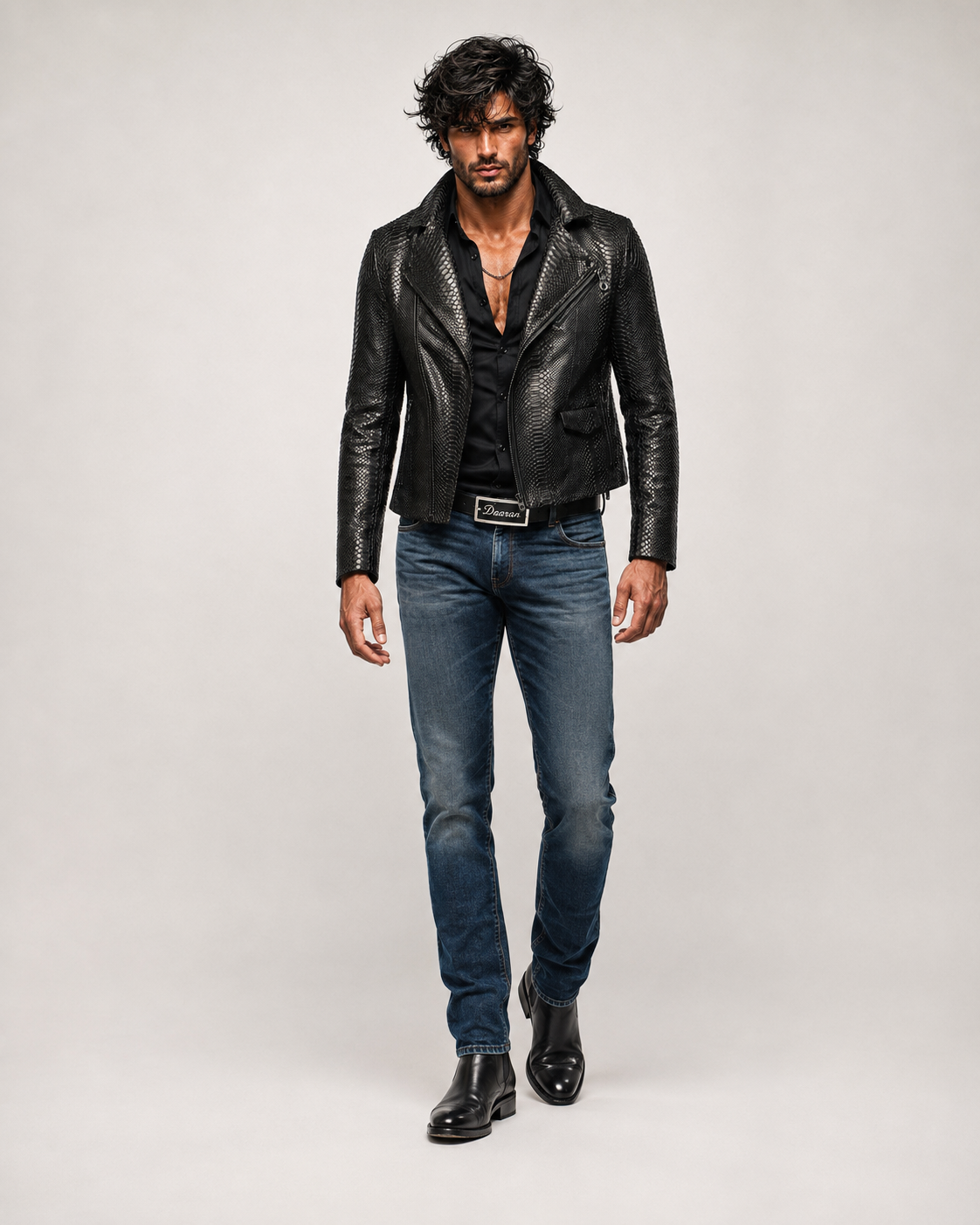 Noir Venom Black Leather Biker Jacket | Daaran – flat lay view