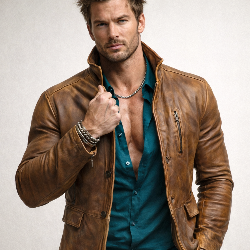Men’s Cognac Brown Moto Leather Jacket – Distressed Sheep Leather Slim Fit | Torve by Daaran