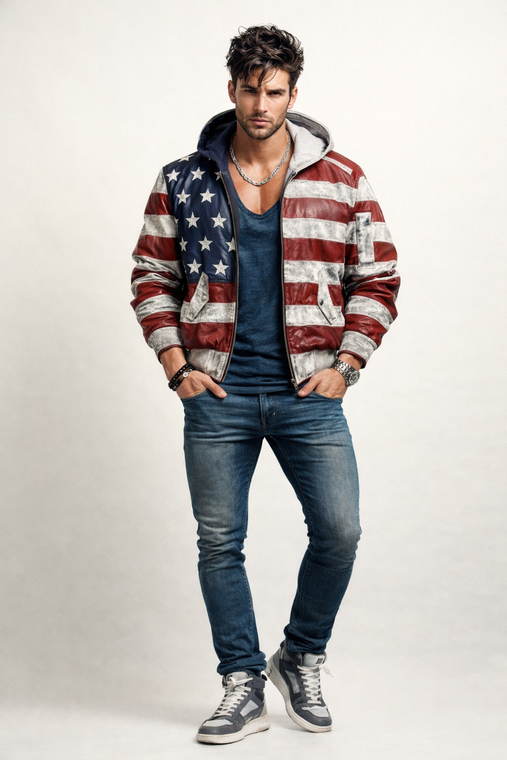 Men’s Distressed Sheep Leather Bomber Jacket – Vintage Flag | Daaran Keaton