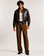 Cafe Maverick Brown Leather Bomber Jacket | Daaran – three-quarter view