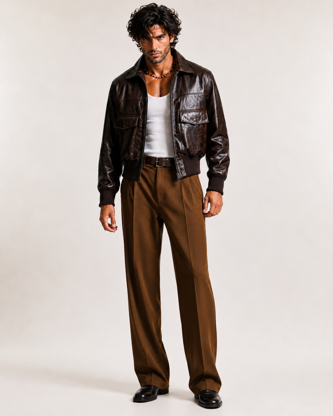 Cafe Maverick Brown Leather Bomber Jacket | Daaran – three-quarter view