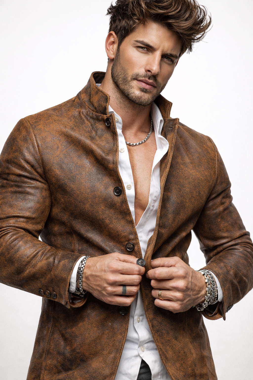 Men’s Brown Genuine Leather Jacket – Slim Fit Blazer Style | Korvane