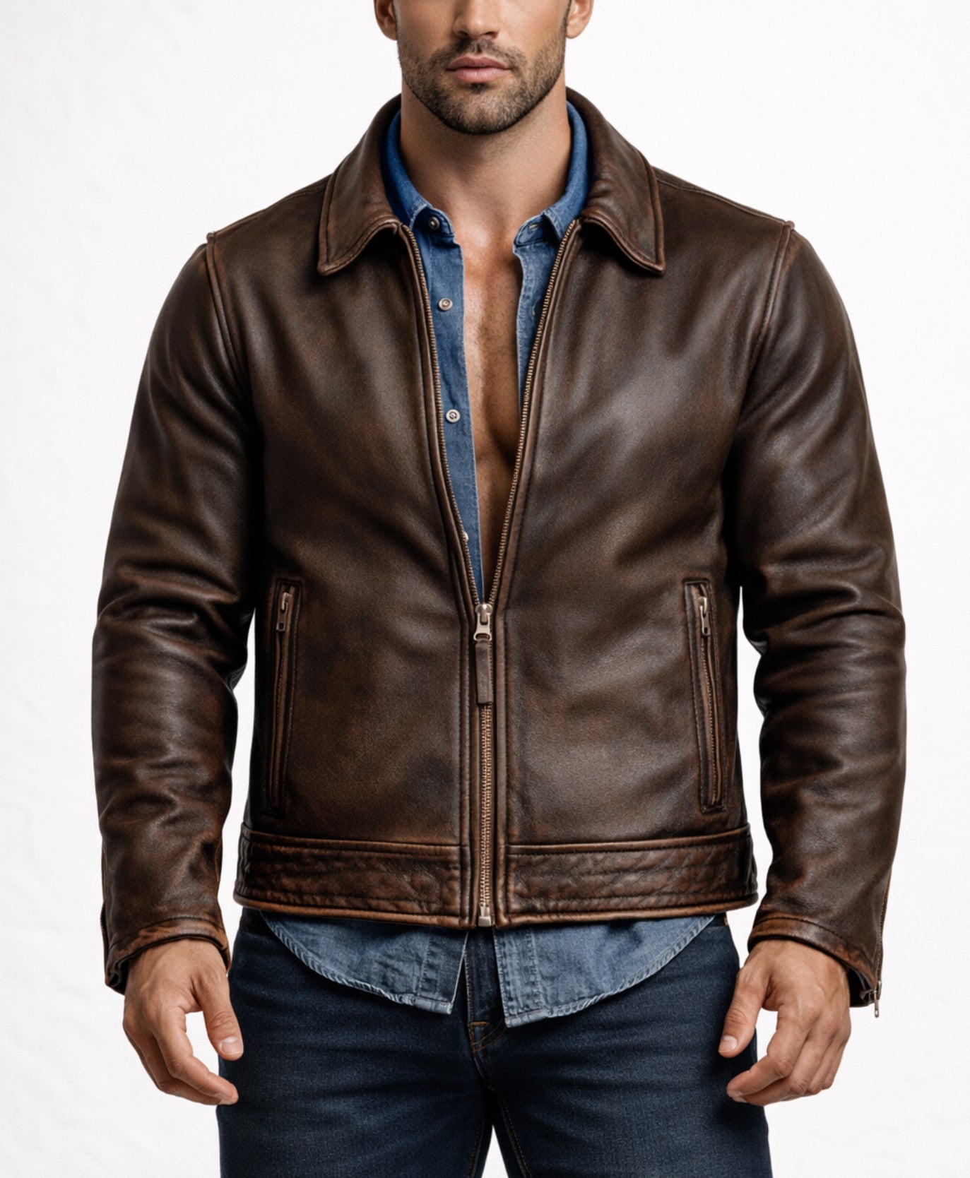 Verox Distressed Brown Cafe Racer Leather Jacket
