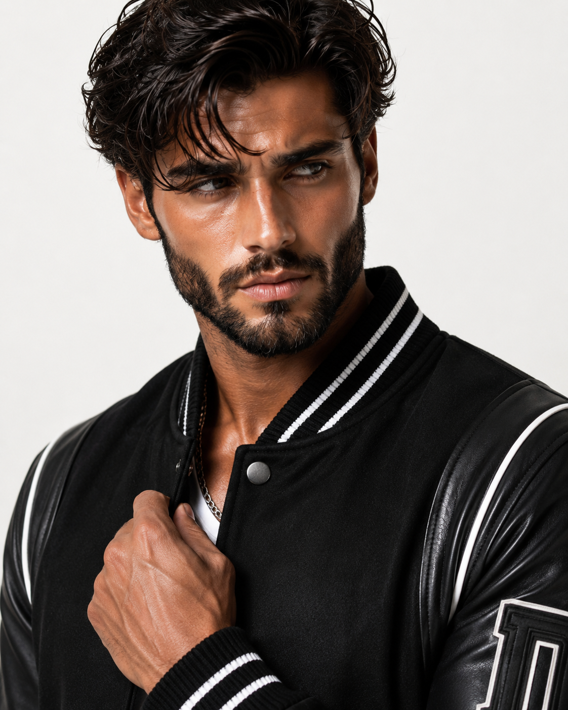 Varsity Black Leather Bomber Jacket