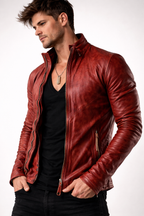 Red Distressed Moto Leather Jacket – Genuine Sheep Leather Slim Fit | Rovek by Daaran
