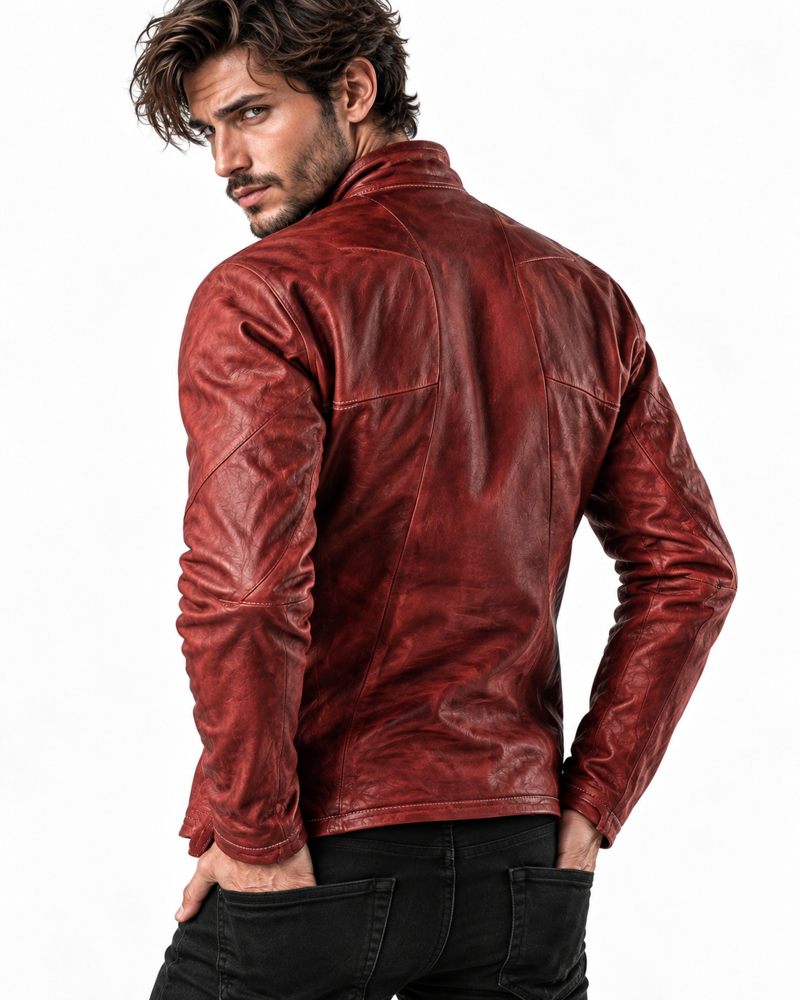 Rovek by Daaran Red Distressed Sheep Leather Moto Jacket