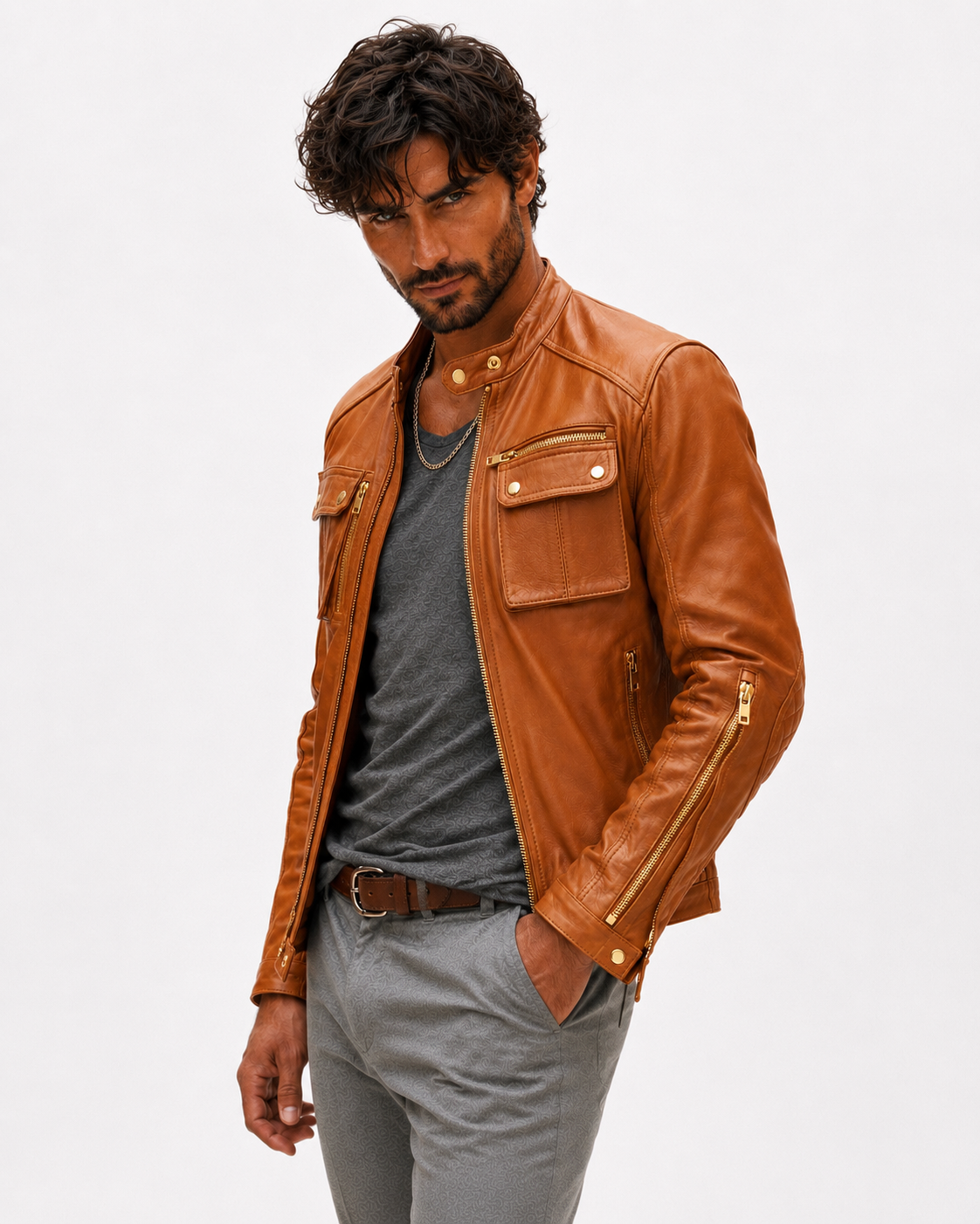 Vanguard Camel Leather Moto Jacket